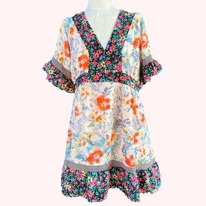 Umgee Mixed Floral Print Short Dress Multicolor Summer Boho Bright